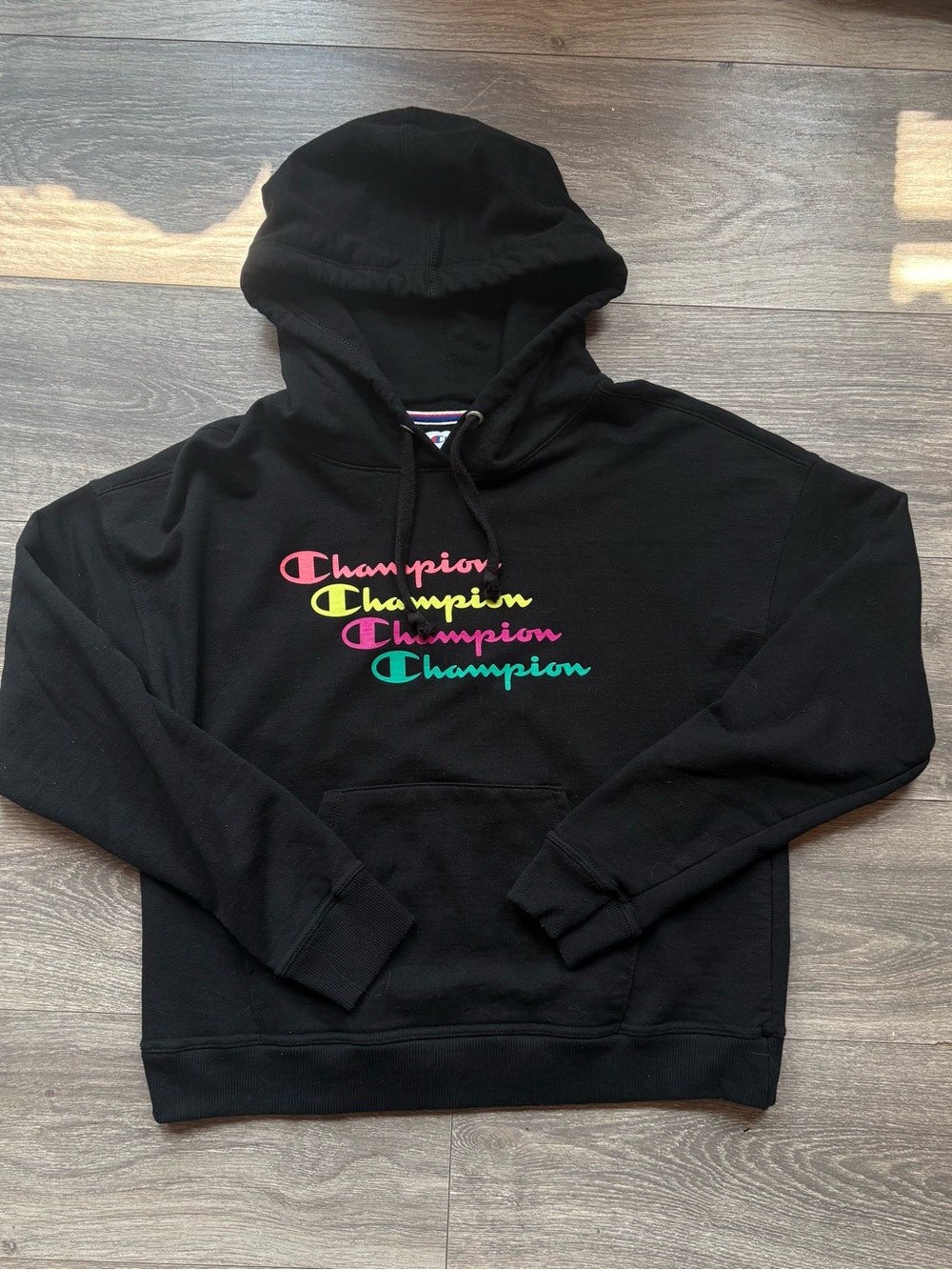 Champion Black Hoodie with Multicolor Script Logo